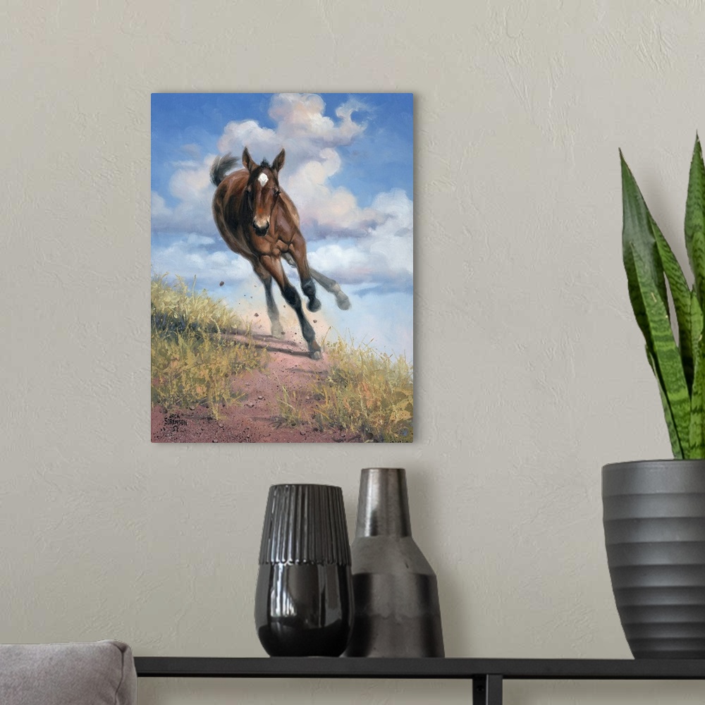 A modern room featuring Lively brush strokes that create an active horse running through a trail against puffy white clou...