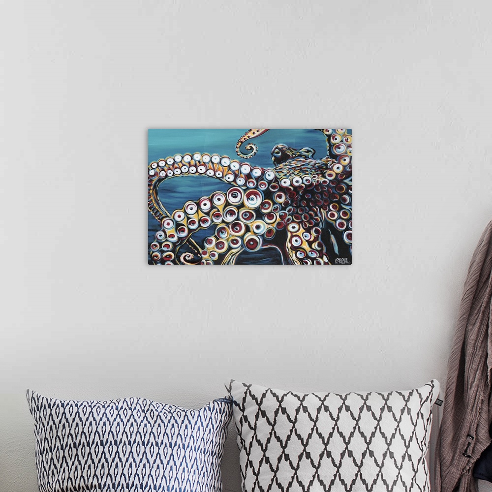 A bohemian room featuring Contemporary painting of an octopus up close, highlighting its circular suctioned tentacles.