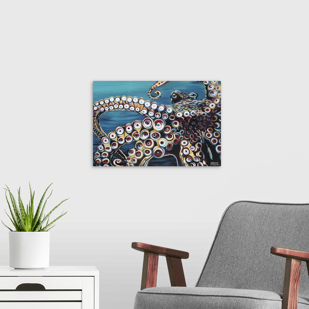 A modern room featuring Contemporary painting of an octopus up close, highlighting its circular suctioned tentacles.