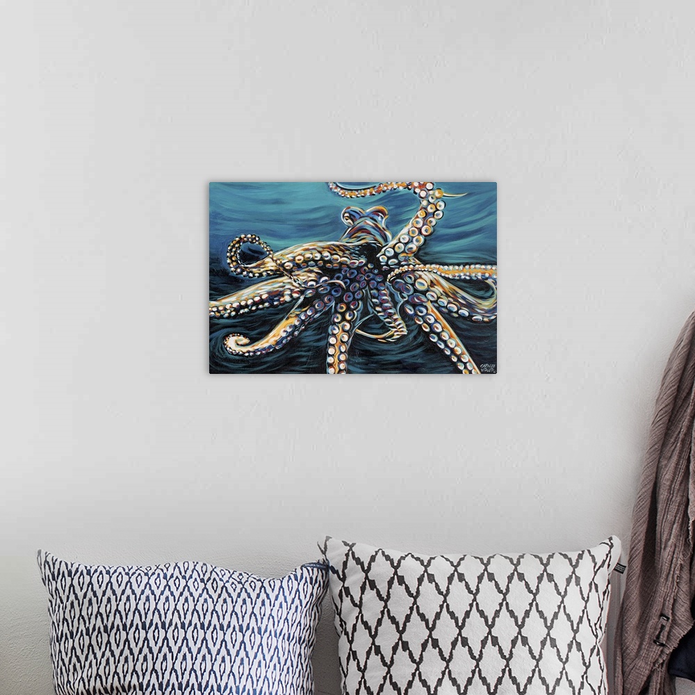 A bohemian room featuring Contemporary painting of the under side of an octopus.