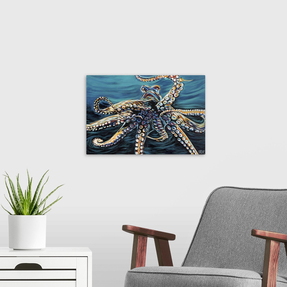 A modern room featuring Contemporary painting of the under side of an octopus.