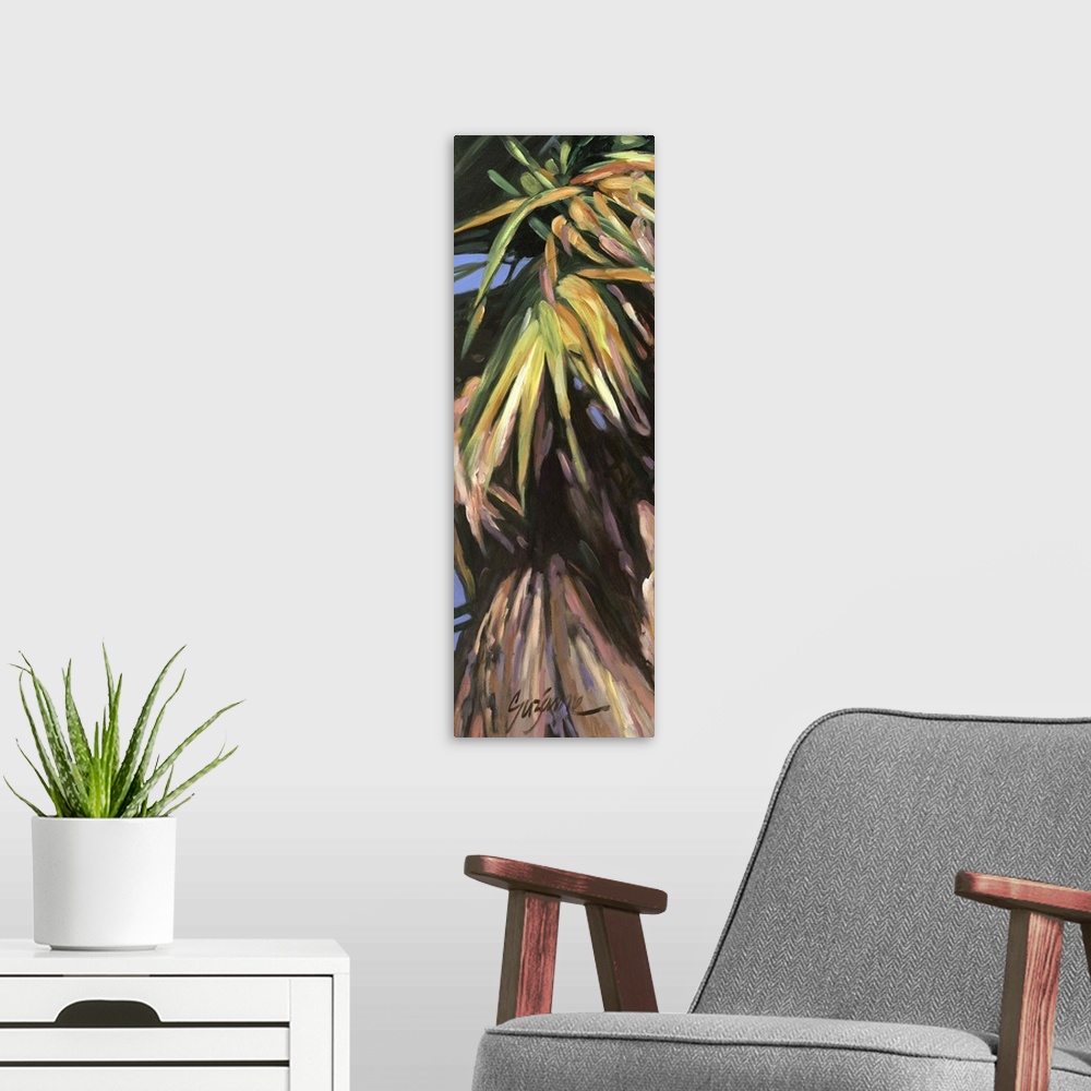 A modern room featuring Contemporary colorful painting of a tropical palm frond.