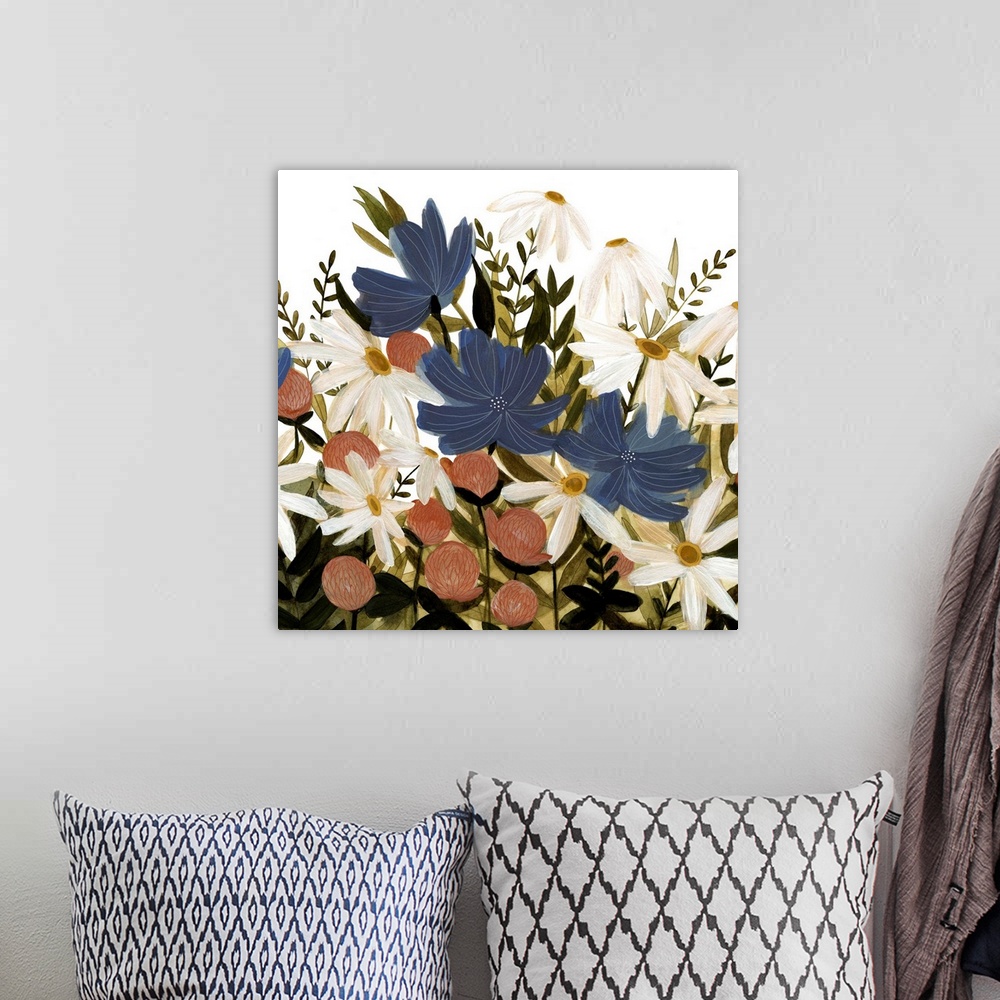 A bohemian room featuring A beautiful painting of a group of wild flowers in a garden.