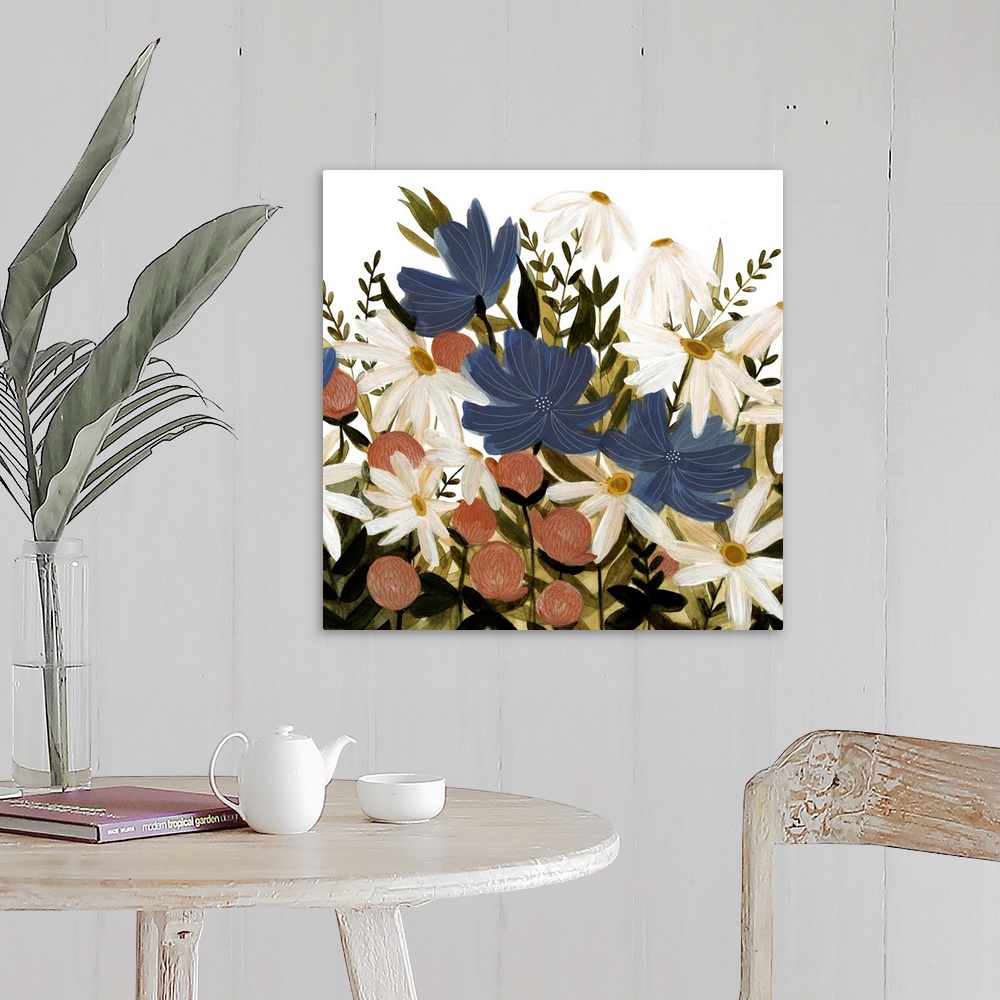 A farmhouse room featuring A beautiful painting of a group of wild flowers in a garden.