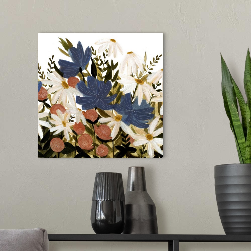 A modern room featuring A beautiful painting of a group of wild flowers in a garden.