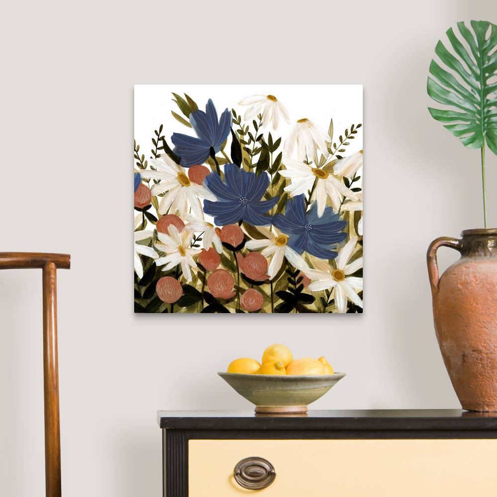 A traditional room featuring A beautiful painting of a group of wild flowers in a garden.