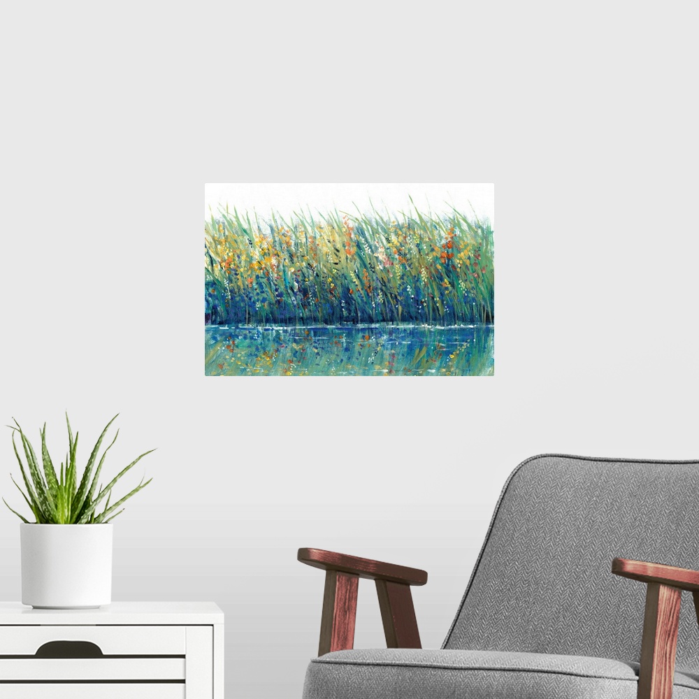 A modern room featuring A mass of grasses and reeds interspersed with wild flowers on the edge of a lake or pond; the flo...