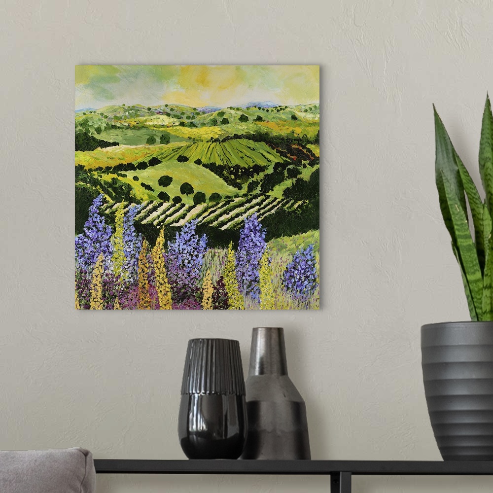 A modern room featuring Contemporary painting of a country landscape with lilacs overlooking rows of crops and hilly farm...