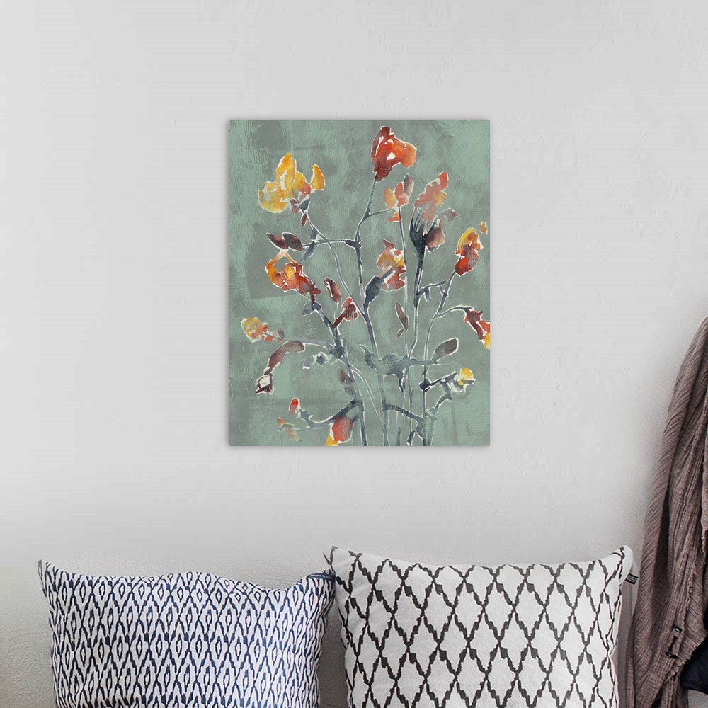 A bohemian room featuring Watercolor painting of warm toned flowers against a dark muted blue background.