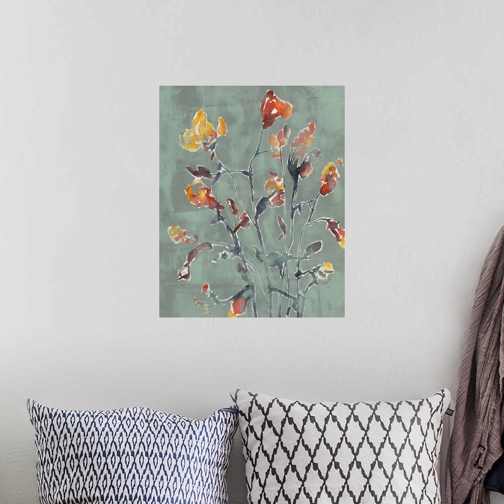 A bohemian room featuring Watercolor painting of warm toned flowers against a dark muted blue background.