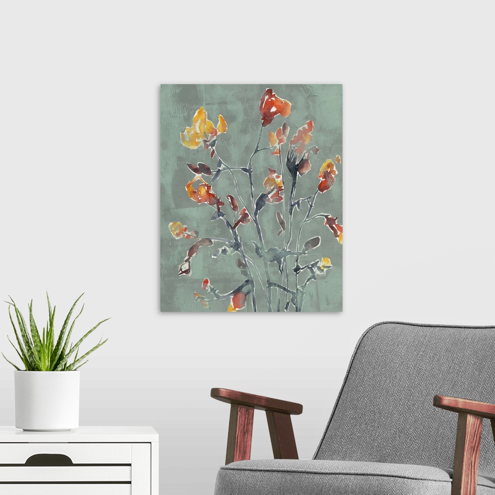 A modern room featuring Watercolor painting of warm toned flowers against a dark muted blue background.