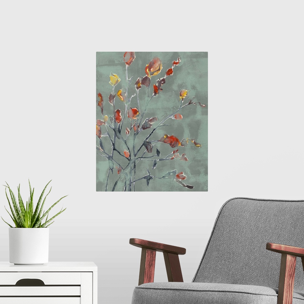 A modern room featuring Watercolor painting of warm toned flowers against a dark muted blue background.