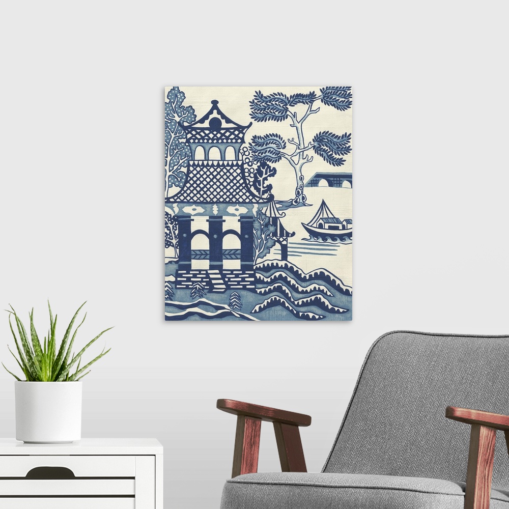 A modern room featuring Asian-style painting of a temple by the ocean.