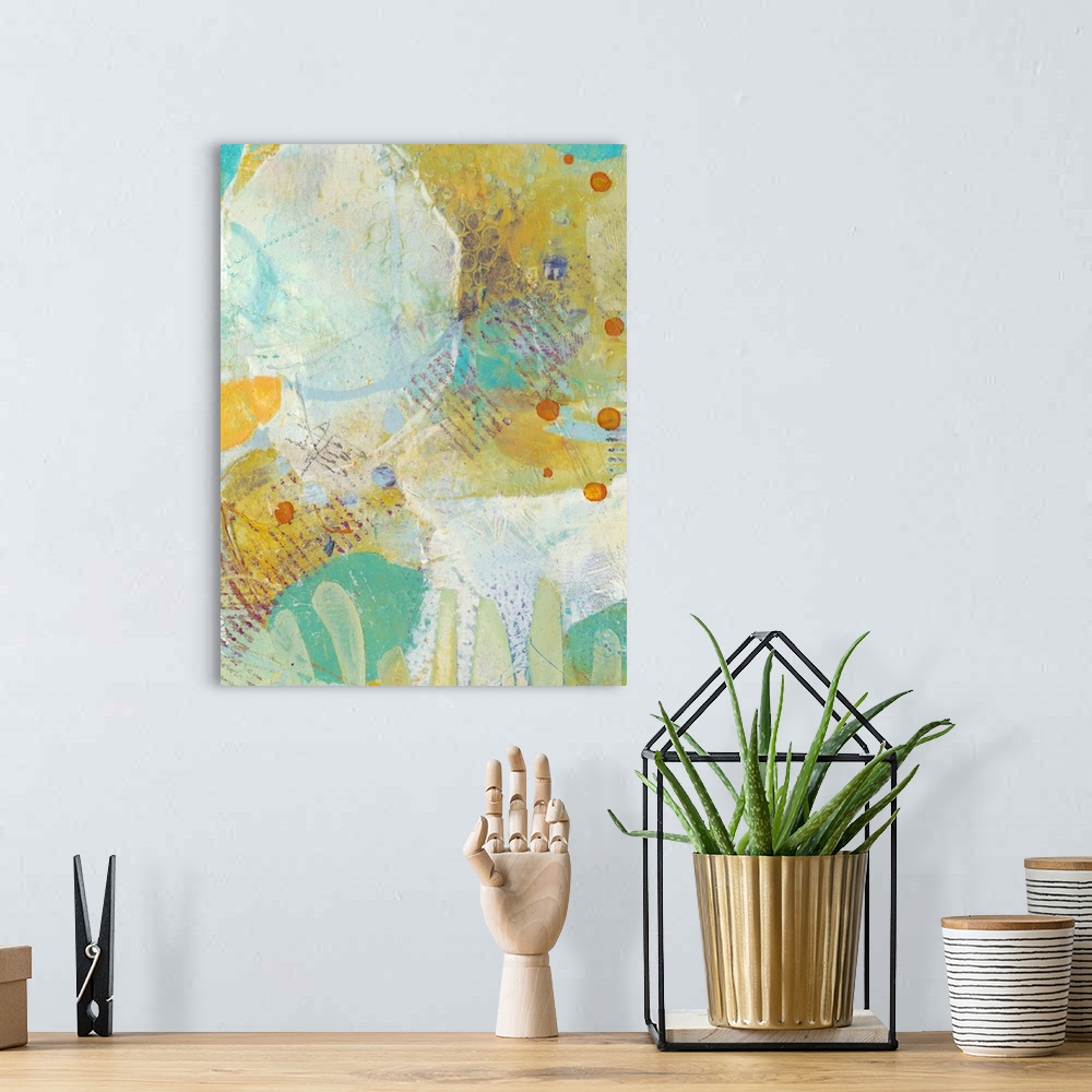 A bohemian room featuring This contemporary artwork radiates bright colors and distressed patterns to illustrate the whimsi...