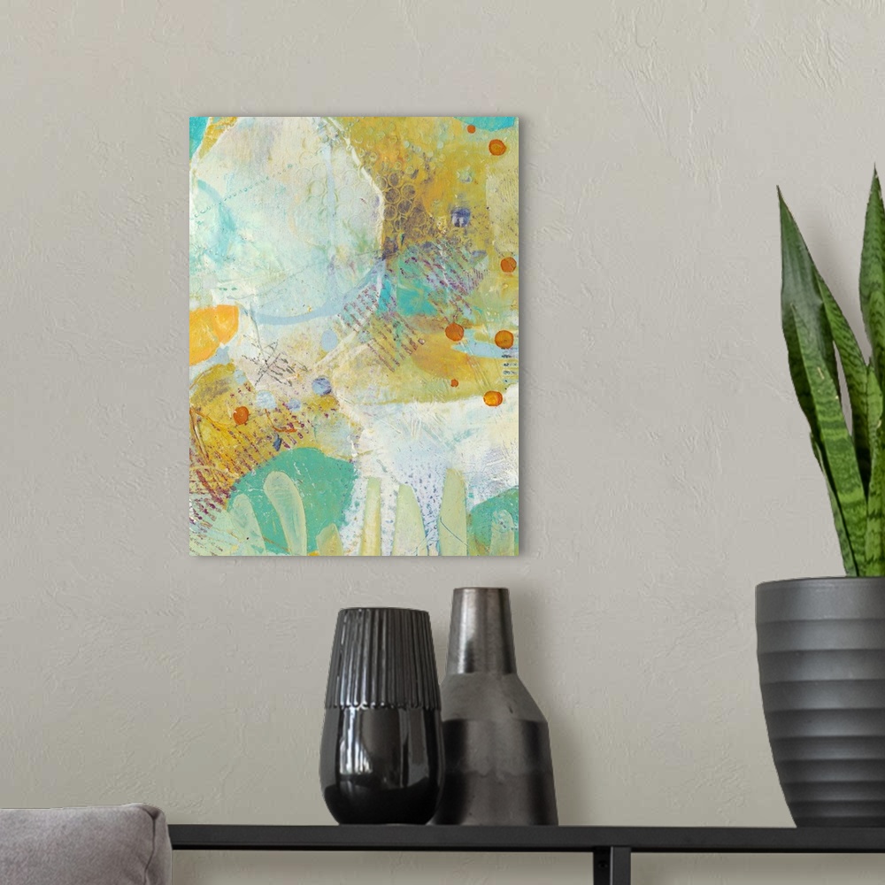 A modern room featuring This contemporary artwork radiates bright colors and distressed patterns to illustrate the whimsi...