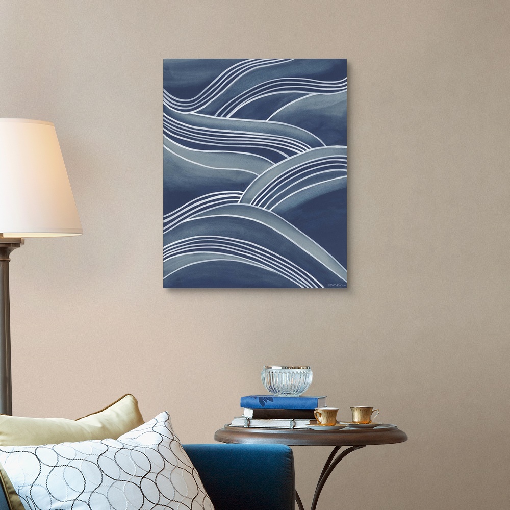 A traditional room featuring Wavy white lines over shades of blue create the illusion of rolling waves.