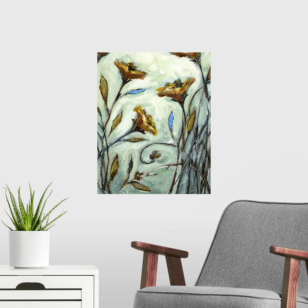 A modern room featuring Contemporary painting of a view of flowers and grass creating a narrow passage.
