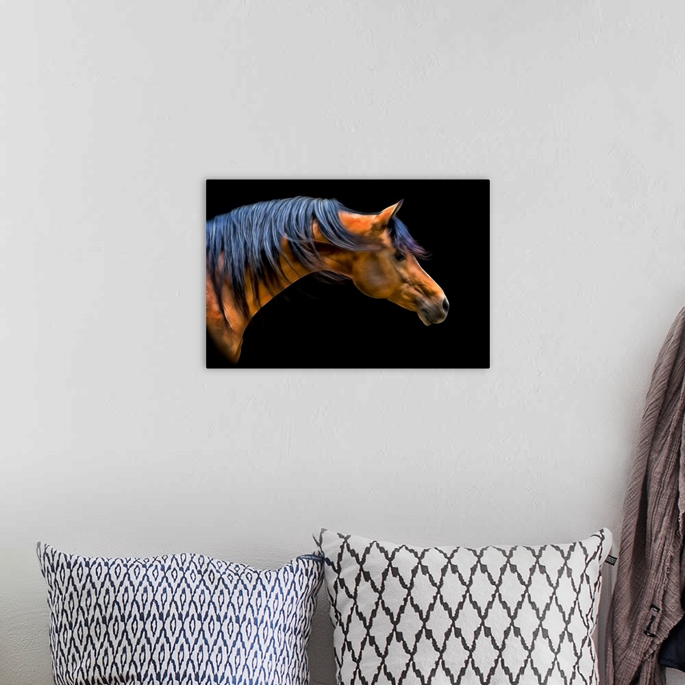A bohemian room featuring Fine art photo of the head and neck of a horse, with mane blowing in the wind.