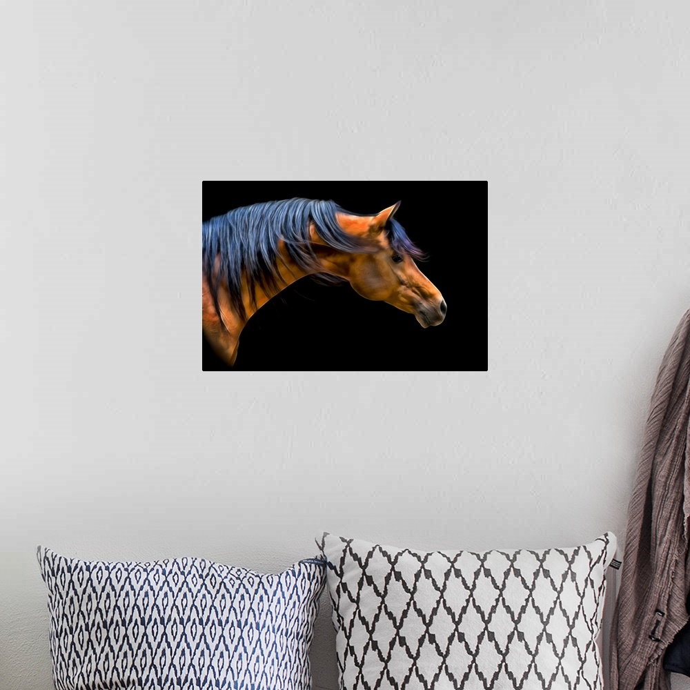 A bohemian room featuring Fine art photo of the head and neck of a horse, with mane blowing in the wind.