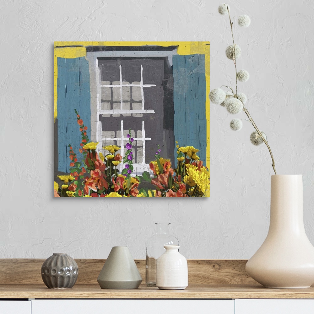 A farmhouse room featuring Colorful painting of a window on a yellow wall with blue shutters.