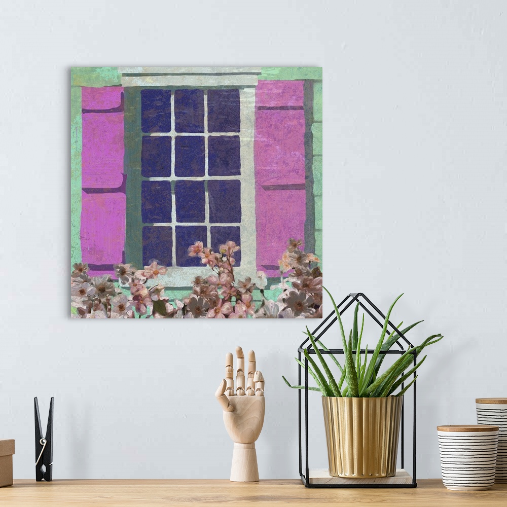 A bohemian room featuring Colorful painting of a window on a green wall with pink shutters.