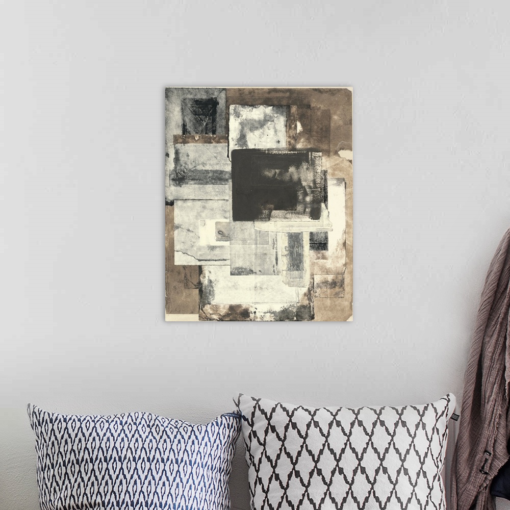 A bohemian room featuring Abstract contemporary art print of dark brown and pale beige rectangular shapes.