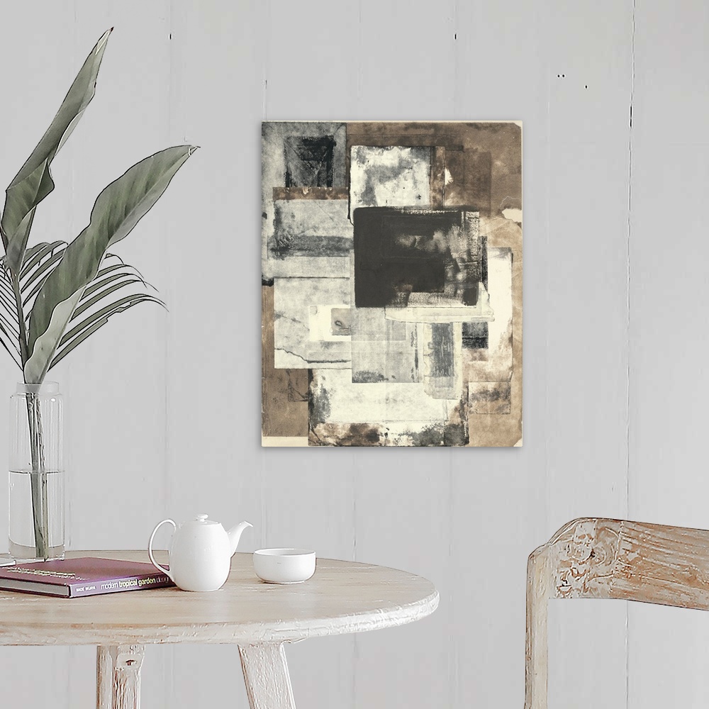 A farmhouse room featuring Abstract contemporary art print of dark brown and pale beige rectangular shapes.