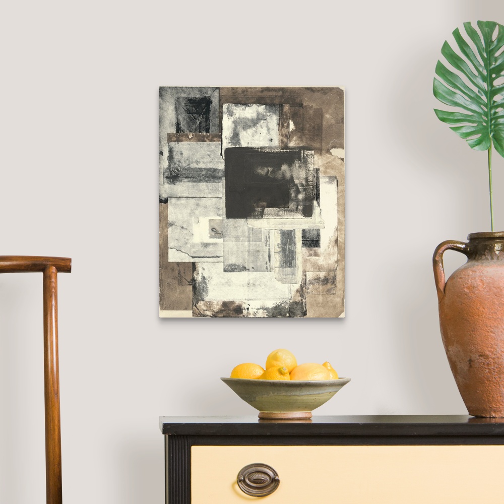 A traditional room featuring Abstract contemporary art print of dark brown and pale beige rectangular shapes.