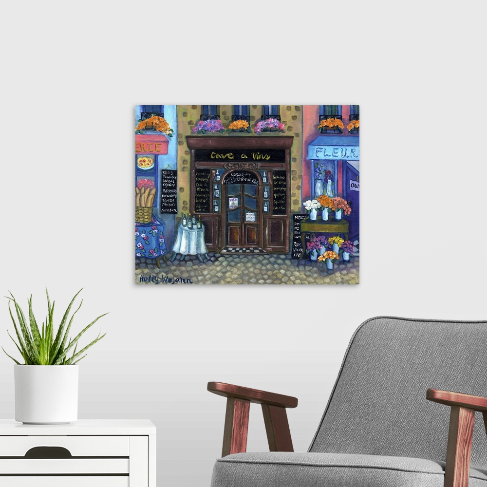 A modern room featuring Whimsical painting of a French marketplace next to a flower shop, with wine on the table.