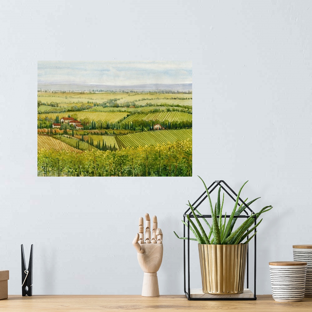 A bohemian room featuring In this painting, vast ranges of greens and yellows dapple this homely landscape of a Tuscan coun...