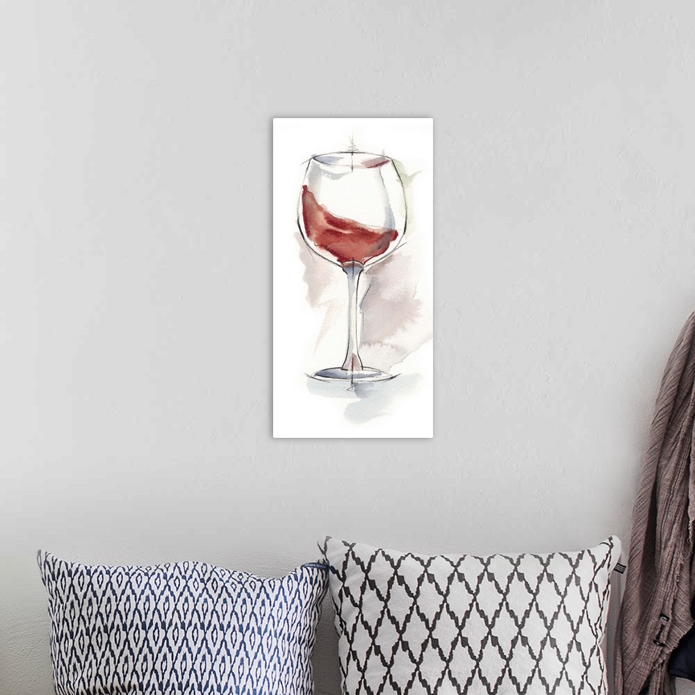 A bohemian room featuring Vertical artwork featuring sketched wine glasses with watercolor accents.