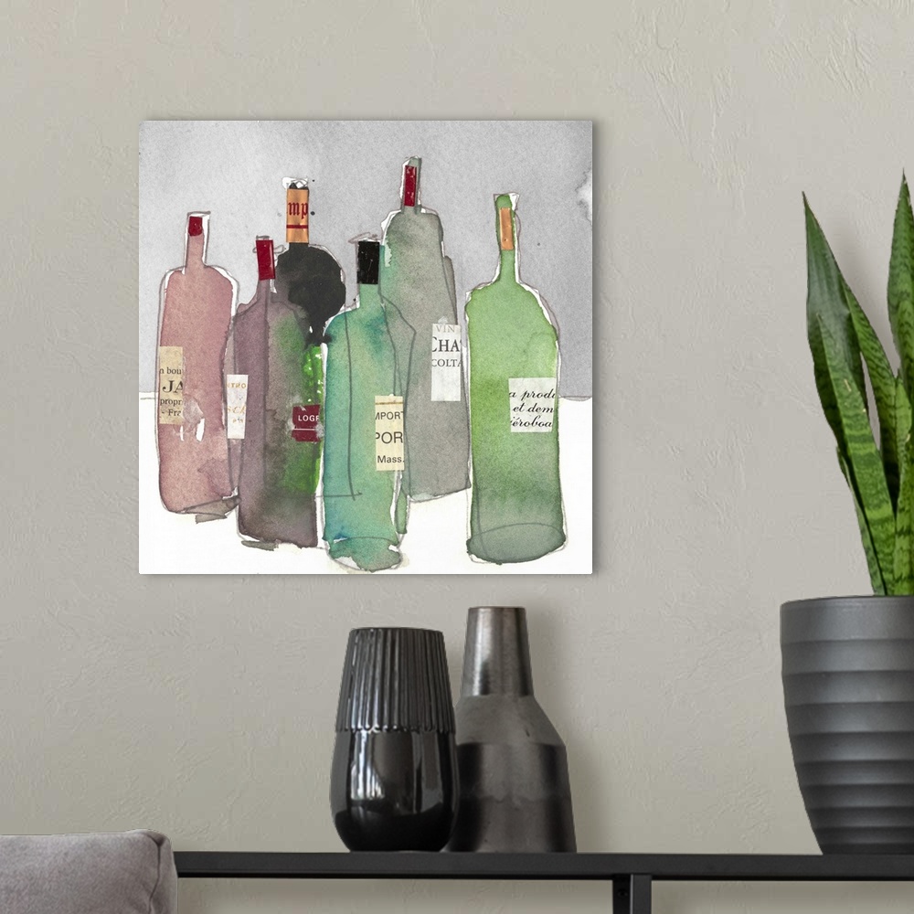 A modern room featuring Watercolor painting of a collection of colorful wine bottles.
