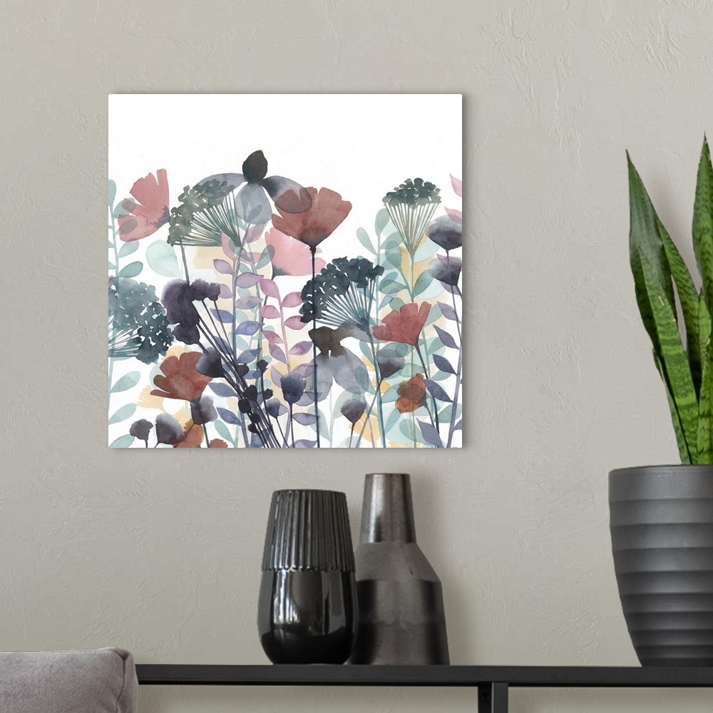 A modern room featuring Watercolor painting of a line-up of multi-colored flowers against a white background.