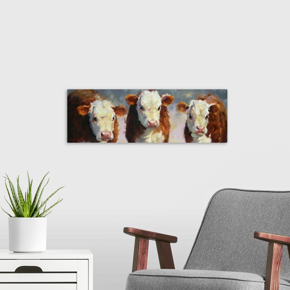 A modern room featuring Contemporary painting of three cows in the afternoon sunlight.