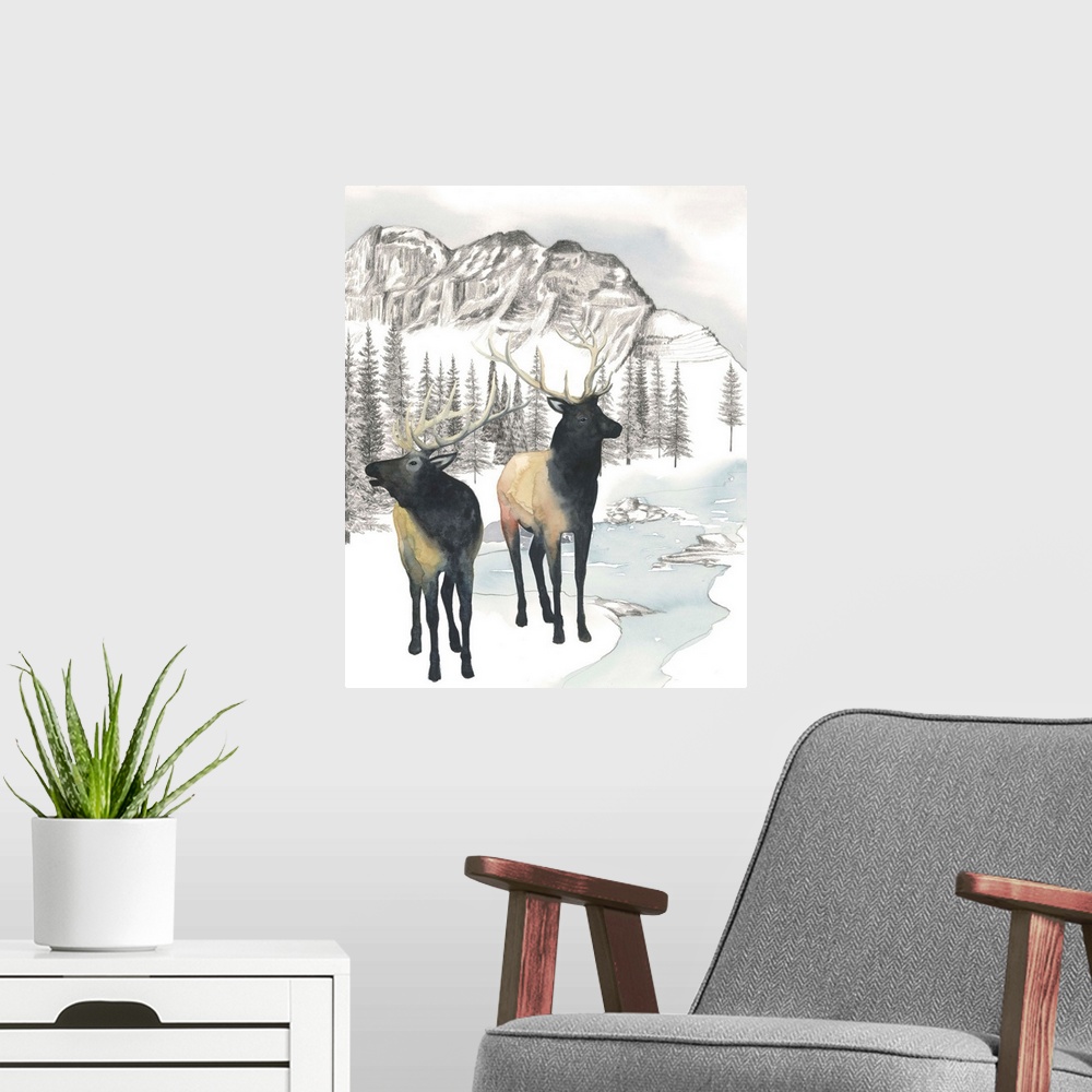 A modern room featuring Winter Elk II