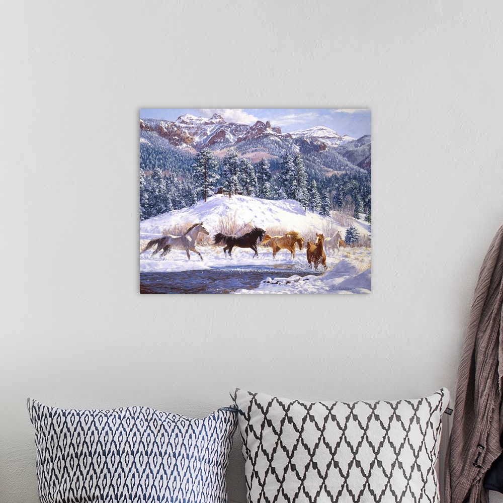 A bohemian room featuring Contemporary colorful painting of a herd of horses running through a winter landscape, with a mou...