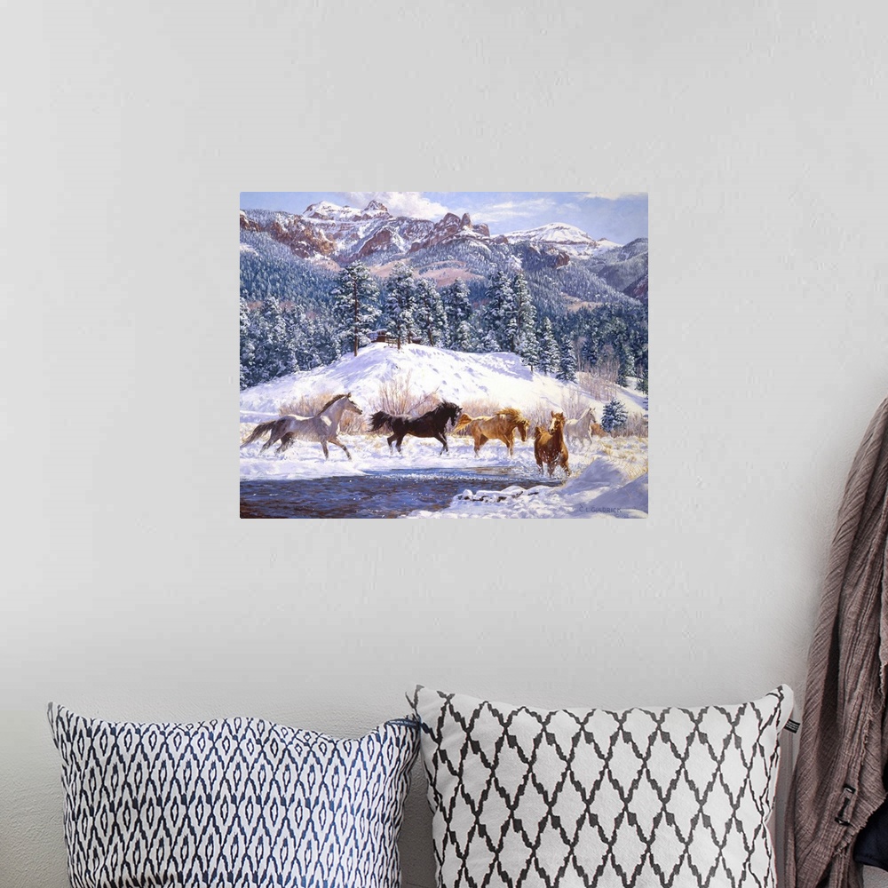 A bohemian room featuring Contemporary colorful painting of a herd of horses running through a winter landscape, with a mou...