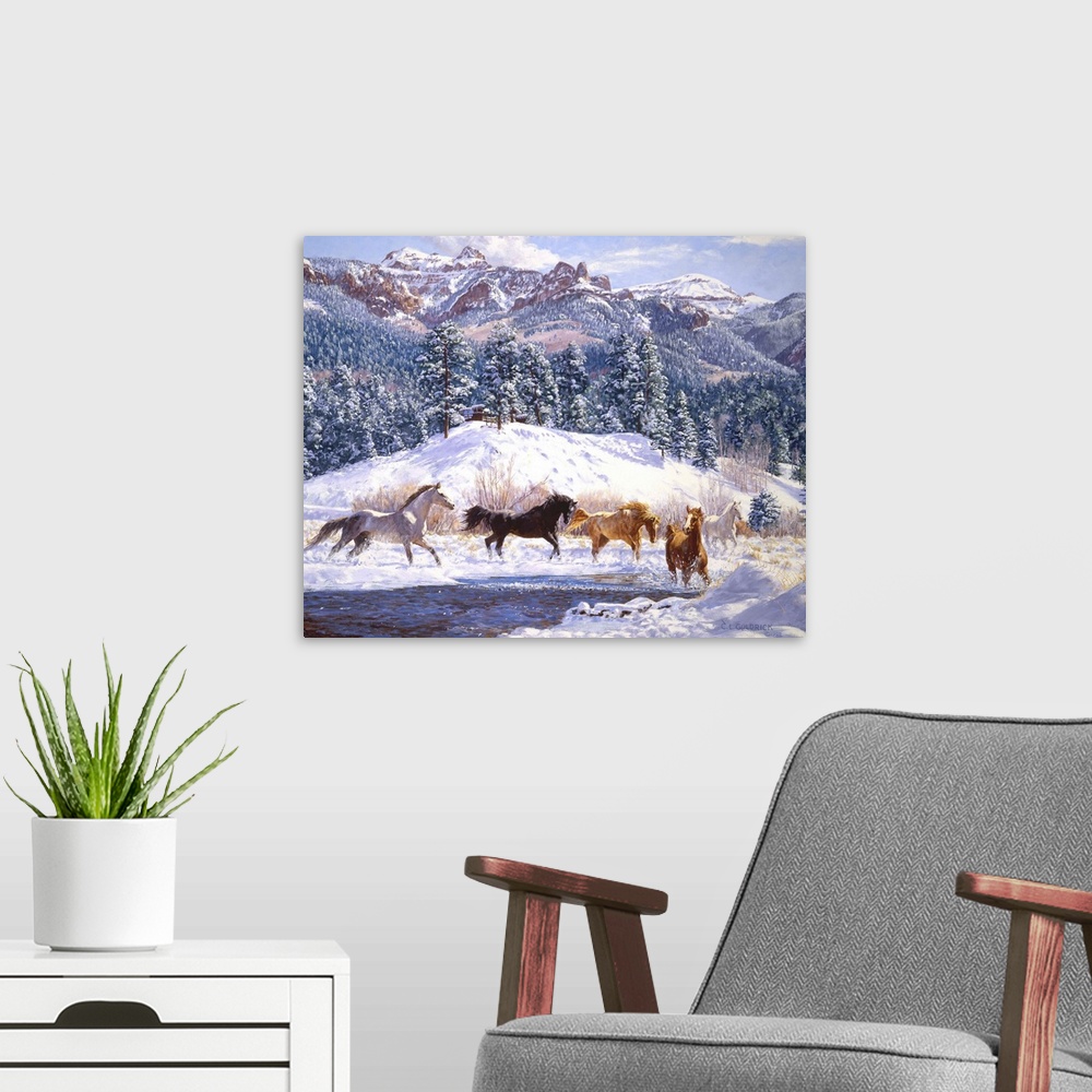 A modern room featuring Contemporary colorful painting of a herd of horses running through a winter landscape, with a mou...