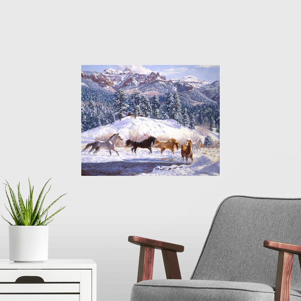 A modern room featuring Contemporary colorful painting of a herd of horses running through a winter landscape, with a mou...