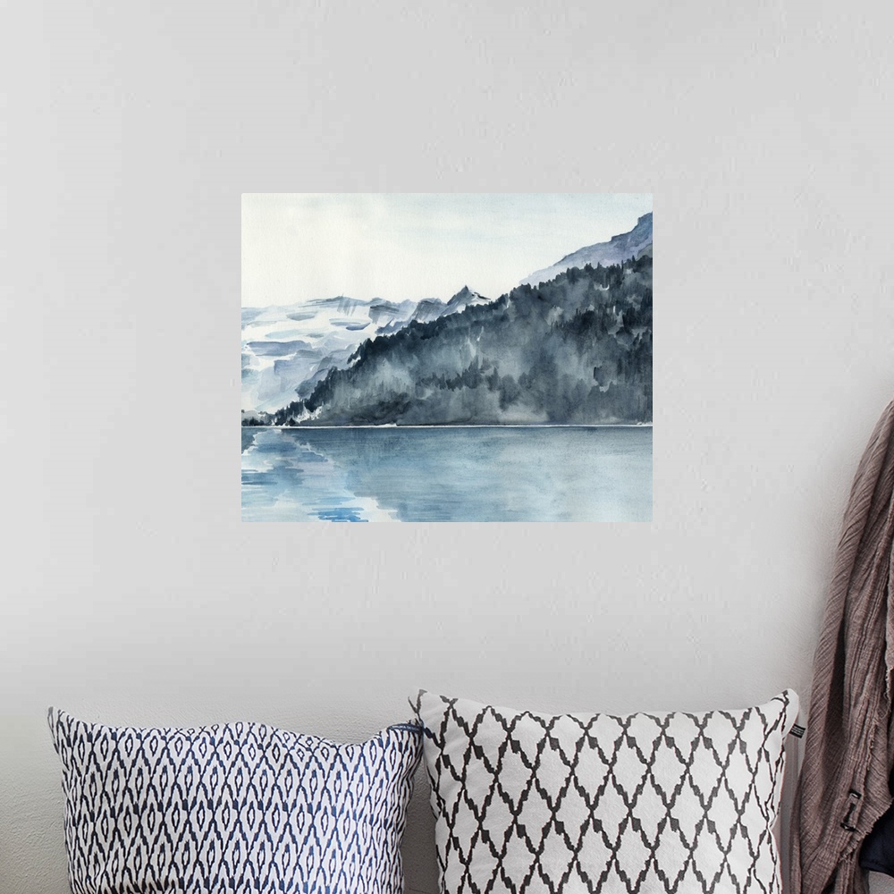 A bohemian room featuring Watercolor painting of the beautiful Norwegian Fjords, with the mountains reflecting in the water.