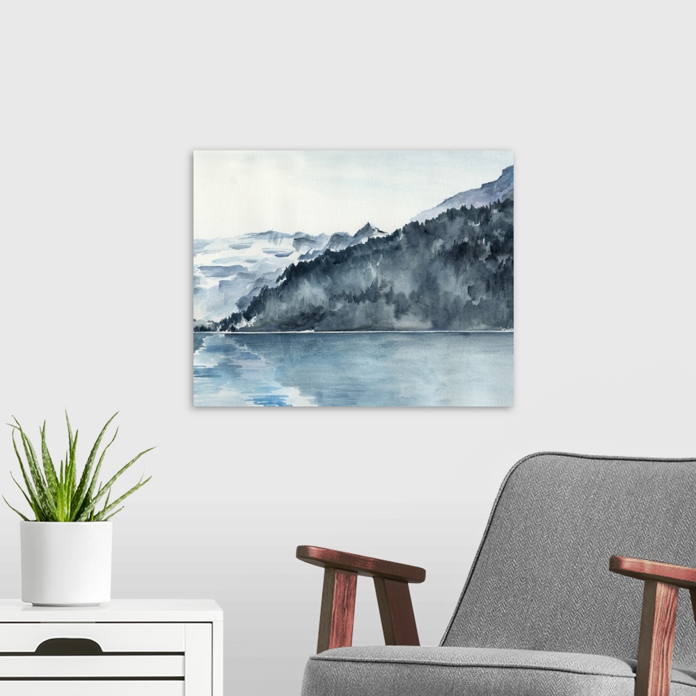 A modern room featuring Watercolor painting of the beautiful Norwegian Fjords, with the mountains reflecting in the water.