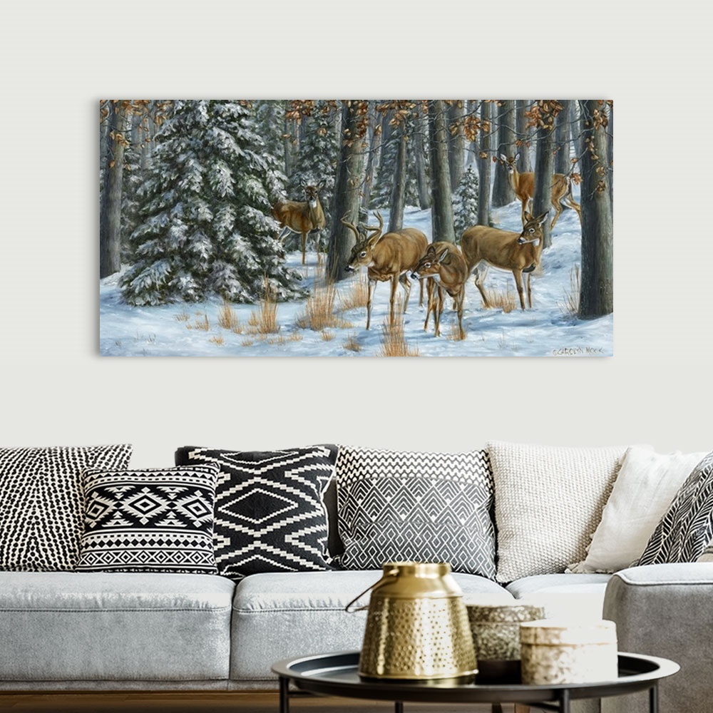 A bohemian room featuring Contemporary painting of deer grazing in a snow covered forest.