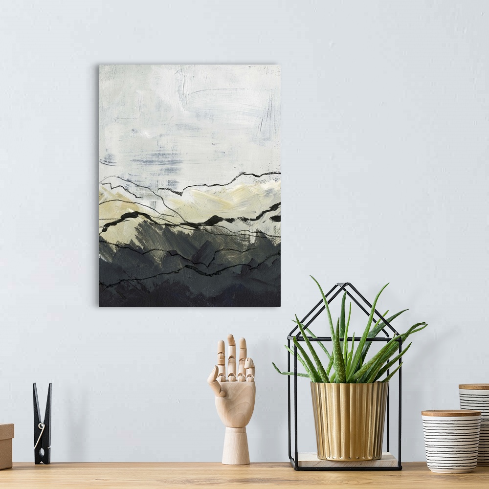 A bohemian room featuring Modern vertical abstract landscape of mountains outlined in thin black lines with a textured gray...