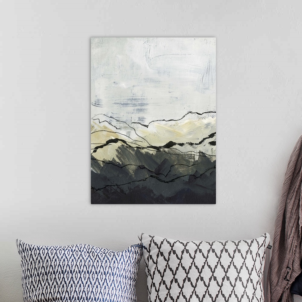 A bohemian room featuring Modern vertical abstract landscape of mountains outlined in thin black lines with a textured gray...