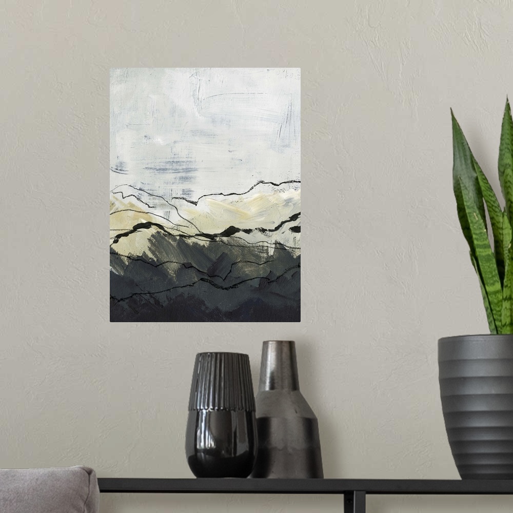 A modern room featuring Modern vertical abstract landscape of mountains outlined in thin black lines with a textured gray...