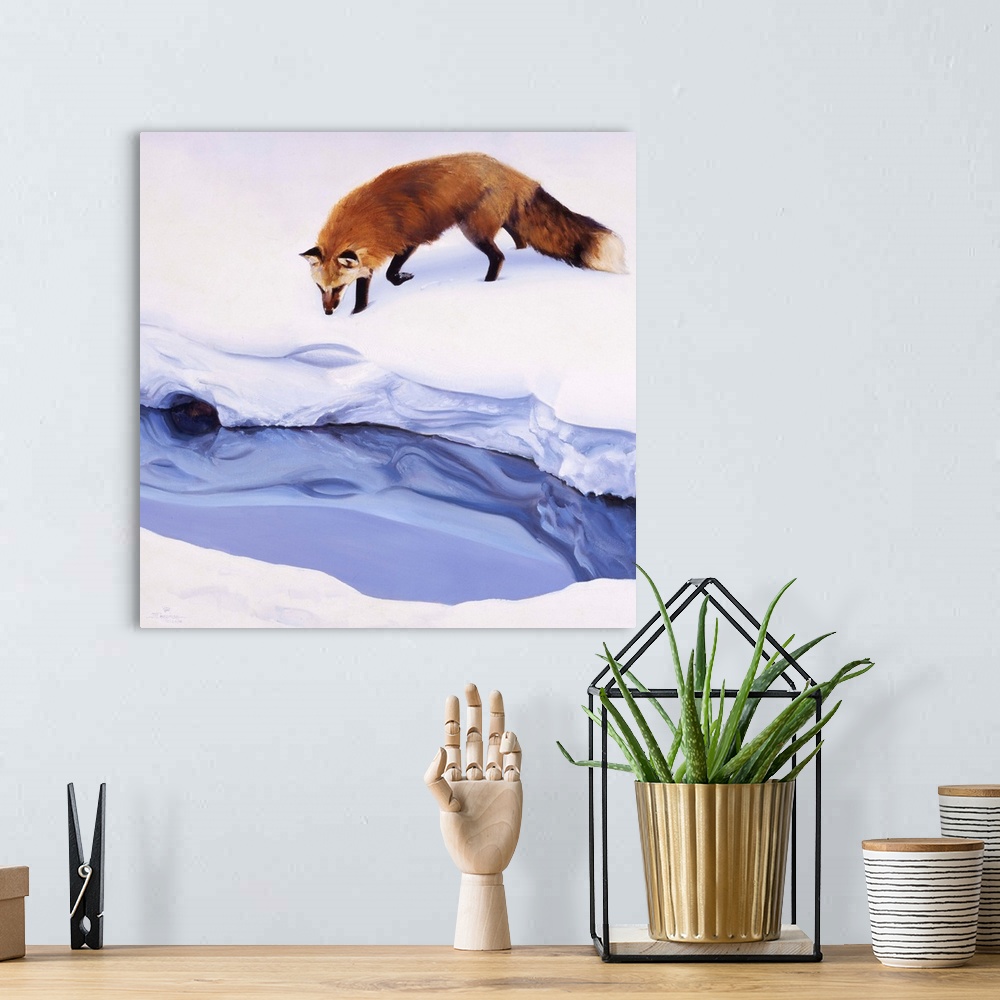 A bohemian room featuring Contemporary artwork of a red fox looking at a creek in thick snow.