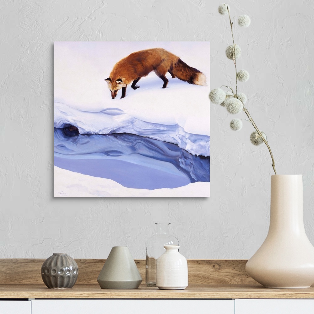 A farmhouse room featuring Contemporary artwork of a red fox looking at a creek in thick snow.