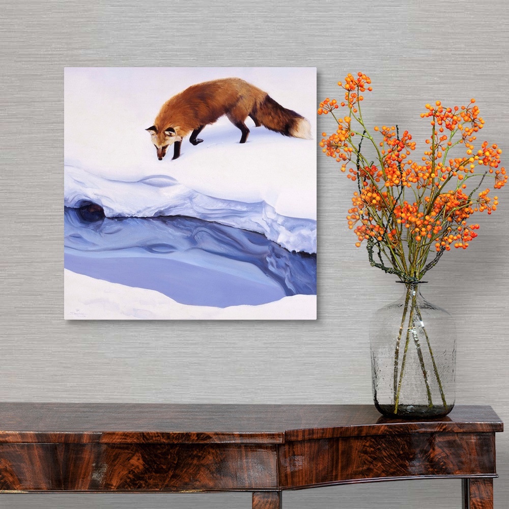 A traditional room featuring Contemporary artwork of a red fox looking at a creek in thick snow.