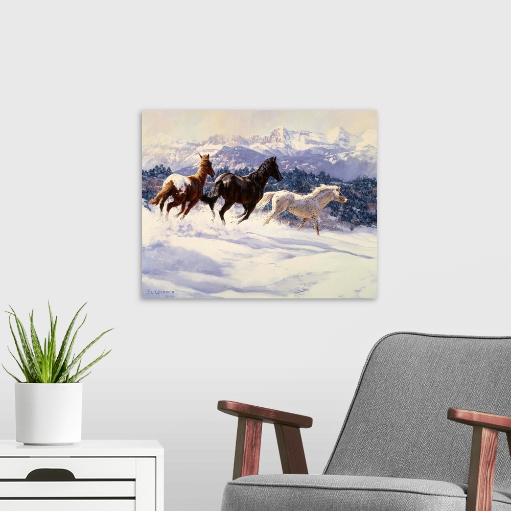 A modern room featuring Contemporary colorful painting of a herd of horses running through a snowy meadow, with a mountai...