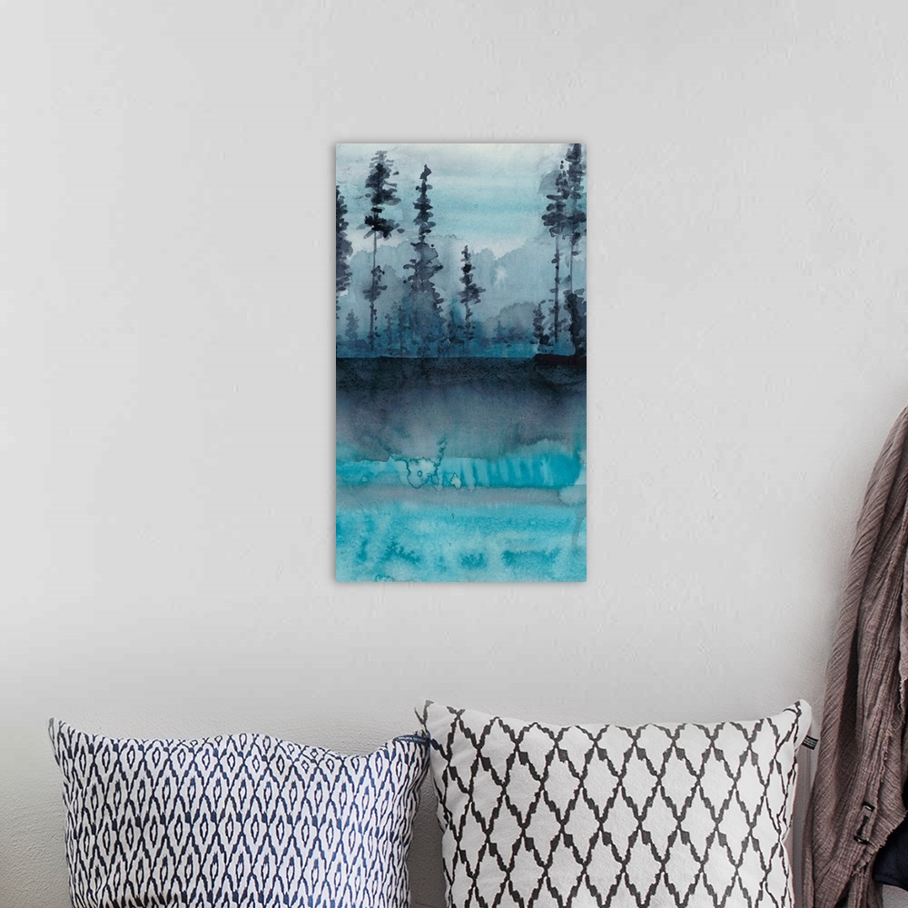 A bohemian room featuring This watercolor painting features the wilderness against an abstract landscape.